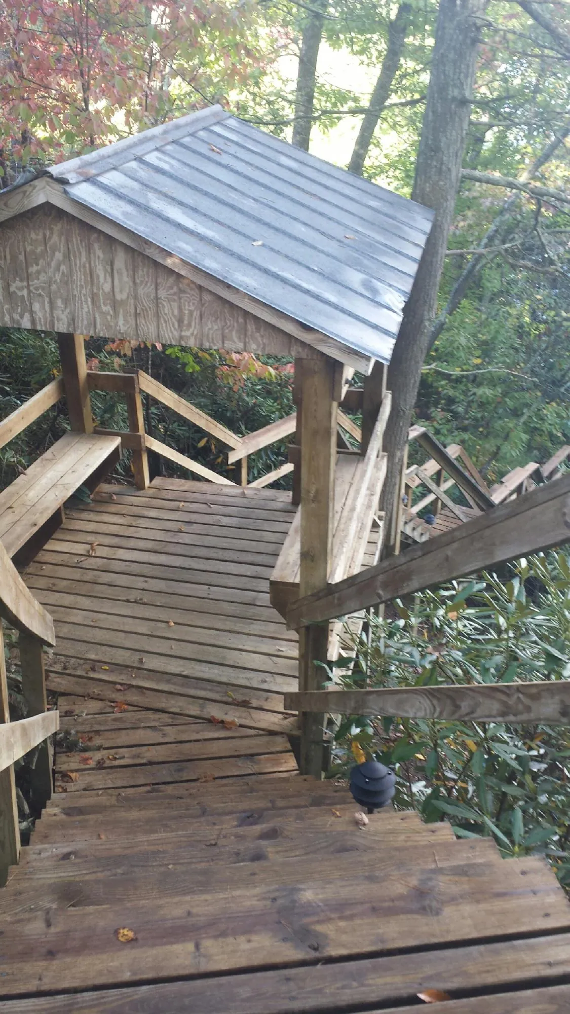 Metal roofed shelter over wooden steps on a wooded walkway — Skylight Repair & Installation work by our crew in Crane Hill